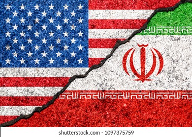 Flags of Iran and USA painted on cracked wall background/Iran versus USA conflict concept