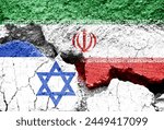 Flags of Israel and Iran on cracked background, Israeli Iranian conflict or war symbol