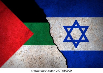 Flags of Israel and Palestine painted on cracked wall background. Concept of the Conflict between Israel and the Palestinian Authorities.