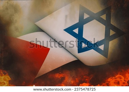Flags of Israel and Palestine painted on cracked wall background. Concept of the Conflict between Israel and Palestinian Authorities.