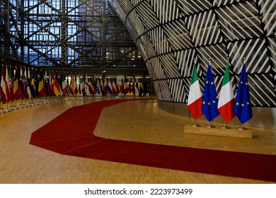 Flags Of Italy And European Union Stand In EU Headquarters In Brussels, Belgium On November 3, 2022.
