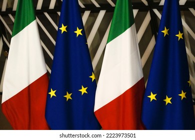 Flags Of Italy And European Union Stand In EU Headquarters In Brussels, Belgium On November 3, 2022.
