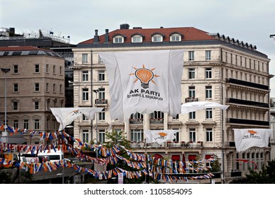 Flags Of A Justice And Development Party (AKP) Wave In Istanbul, Turkey On May 29, 2015.