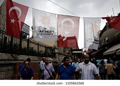 Flags Of A Justice And Development Party (AKP) Hang On From Balconies In Istanbul, Turkey On June 5, 2015.