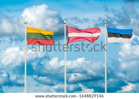 Flags of the Lithuania, Latvia and Estonia. Flags of the Baltic States waving on the sky background
