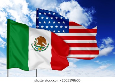 Flags of Mexico and USA against sky. Diplomatic international relations