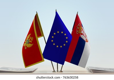 Flags Of Montenegro European Union And Serbia