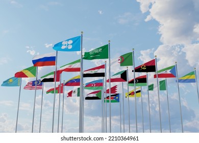 Flags of OPEC Plus countries, 23 countries ,Kingdom Saudi Arabia ,Algeria ,Angola Equatorial ,Guinea, Gabon, Iran ,Iraq ,Kuwait ,Libya ,Nigeria ,Republic of the Congo ,uae ,Venezu