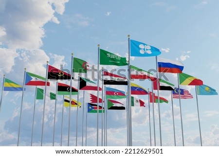 Flags of OPEC Plus countries, 23 countries ,Kingdom Saudi Arabia ,Algeria ,Angola Equatorial ,Guinea, Gabon, Iran ,Iraq ,Kuwait ,Libya ,Nigeria ,Republic of the Congo ,uae ,Venezuela, Russia