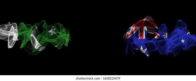 Flags Of Pakistan And Australia On Black Background, Pakistan Vs Australia Smoke Flags
