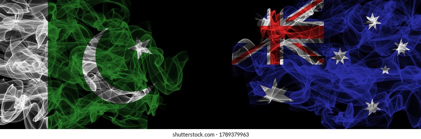 Flags Of Pakistan And Australia On Black Background, Pakistan Vs Australia Smoke Flags
