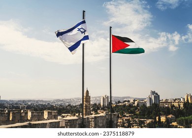 flags of Palestine and Israel against sky and old Jerusalem. Two States for two peoples. Two-state solution concept. Separate ownership of Jerusalem. The division of the city between two peoples. - Shutterstock ID 2375118879