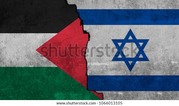 flags of\
Palestine and Israel painted on the wall.\

