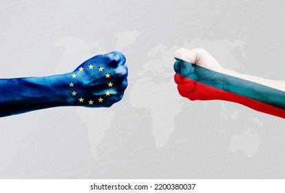 Flags Of Russia, And EU Or European Union On Hands Punch To Each Others On World Map Background, Ukraine Vs Russia In Proxy War Concept