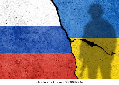 Flags of Russia and Ukraine painted on a concrete wall. Relationship between Ukraine and Russia - Shutterstock ID 2089089226