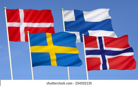 Flags Of Scandinavia - Denmark, Finland, Sweden And Norway.