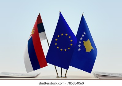 Flags Of Serbia European Union And Kosovo