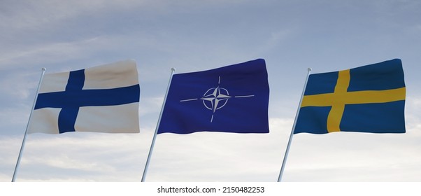 Flags of SWEDEN NATO AND FINLAND waving with cloudy blue sky background,3D rendering war 3 - Shutterstock ID 2150482253