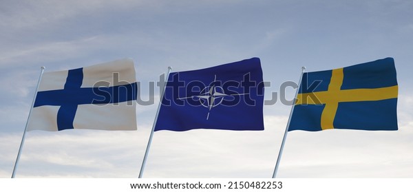 Flags of SWEDEN NATO AND\
FINLAND waving with cloudy blue sky background,3D rendering war\
3