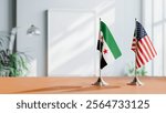 FLAGS OF SYRIA AND USA ON TABLE