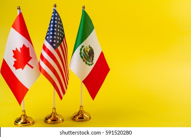 Flags Of The Three Countries Of Canada, Mexico And United States Of America.