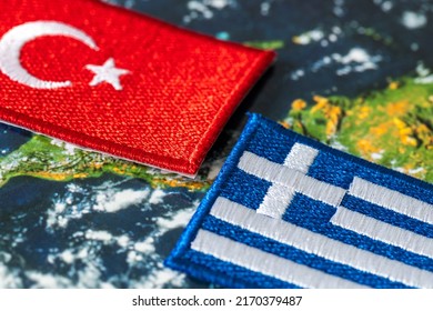 Flags of Turkey and Greece, Concept, Growing conflict between members of the joint defense alliance over the militarization of islands in the Aegean Sea - Shutterstock ID 2170379487