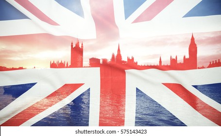 Flags Of UK And EU Combined Over Icons Of London - Brexit Concept