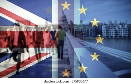 flags of UK and EU combined over icons of London - Brexit concept - Shutterstock ID 575933677