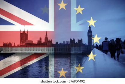 Flags Of UK And EU Combined Over Icons Of London - Brexit Concept