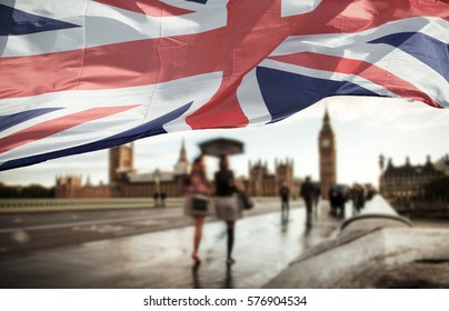 Flags Of UK And EU Combined Over Icons Of London - Brexit Concept