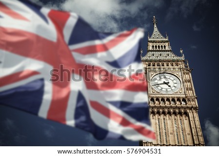 flags of UK and EU combined over icons of London - Brexit concept
