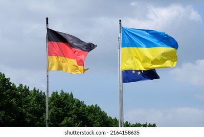 Flags Ukraine Germany Eu Waving Wind Stock Photo 2164158635 | Shutterstock