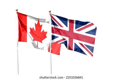 Flags of Union Jack and Canadian flag against cloudy sky. waving in the sky - Shutterstock ID 2251036841