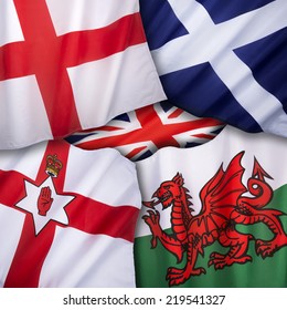 The flags of the United Kingdom of Great Britain - England, Scotland, Wales and Northern Ireland.