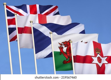 Flags Of The United Kingdom Of Great Britain - England, Scotland, Wales, Northern Ireland And The Union Flag.