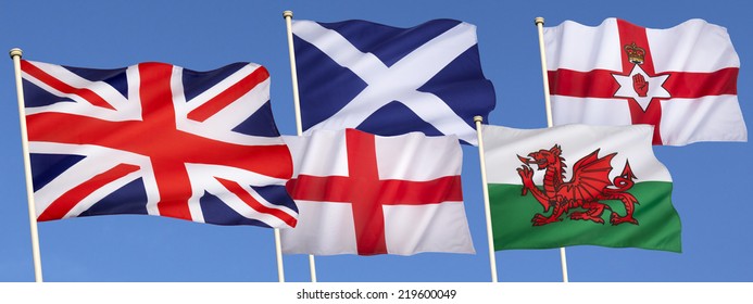 Flags Of The United Kingdom Of Great Britain - England, Scotland, Wales, Northern Ireland And The Union Flag.