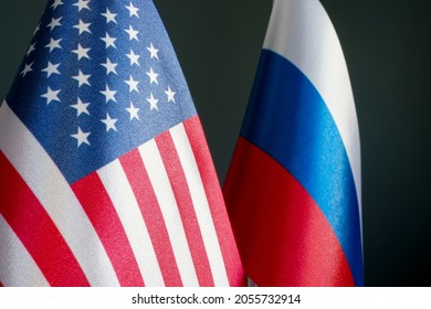 Flags of the United States of America USA and Russia. - Shutterstock ID 2055732914