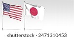 The flags of the United States and Japan hang on the flagpole in the white conference room. U.S.-Japanese leaders meeting. Use as background or shading, news background.