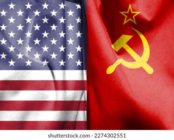 The flags of the US flag and the Soviet -Russian flag are repeatedly exposed to the cracks on the cement floor. The double exposure of the conceptual image of the United States and the Soviet Union.