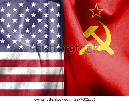 The flags of the US flag and the Soviet -Russian flag are repeatedly exposed to the cracks on the cement floor. The double exposure of the conceptual image of the United States and the Soviet Union.