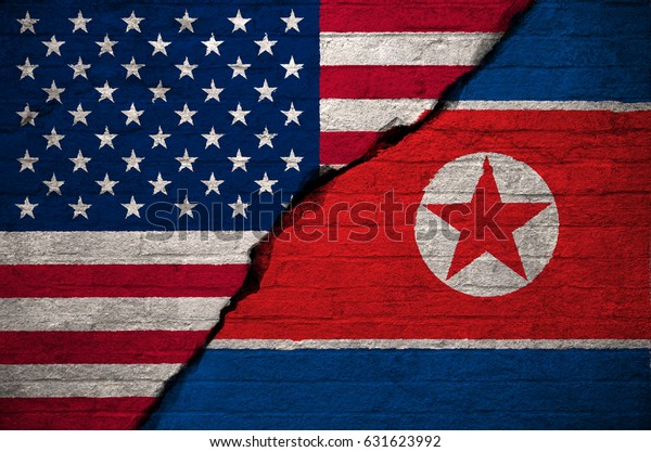Flags of USA & North\
Korea officially known as the Democratic People\'s Republic of\
Korea