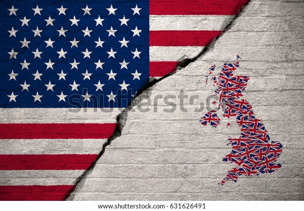 Flags of the USA and UK on a brick wall\
textured background