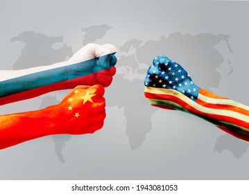 Flags Of Usa Or United States Of America VS China And  Russia On Hands Punch To Each Others On World Map Background, Conflict World Concept