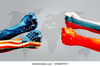 Flags Of Usa Or United States Of America And European Union Or EU VS China And  Russia On Hands Punch To Each Others On World Map Background