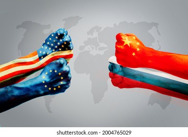 Flags Of Usa Or United States Of America And European Union Or EU VS China And  Russia On Hands Punch To Each Others On World Map Background