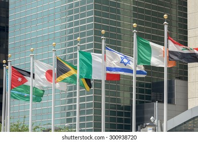 Flags Waving Outside United Nations Building In Manhattan New York