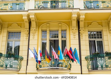 Flags of the World in front of a Buiding