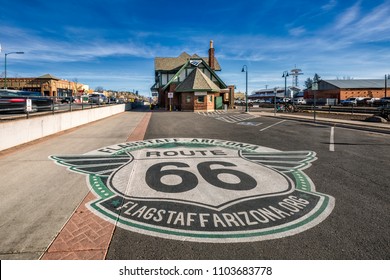 FLAGSTAFF, ARIZONA, USA - JANUARY 19, 2018: Historic train station in Flagstaff. It is located on Route 66 and is formerly known as Atchison, Topeka and Santa Fe Railway depot.
