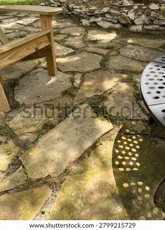 Flagstone in a sitting area needs to be cleaned up and vegetation removed.