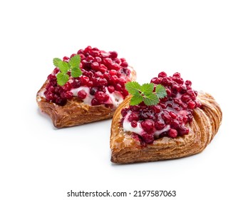 Flaky  Pastry With Cream And Cowberry Isolated On White 